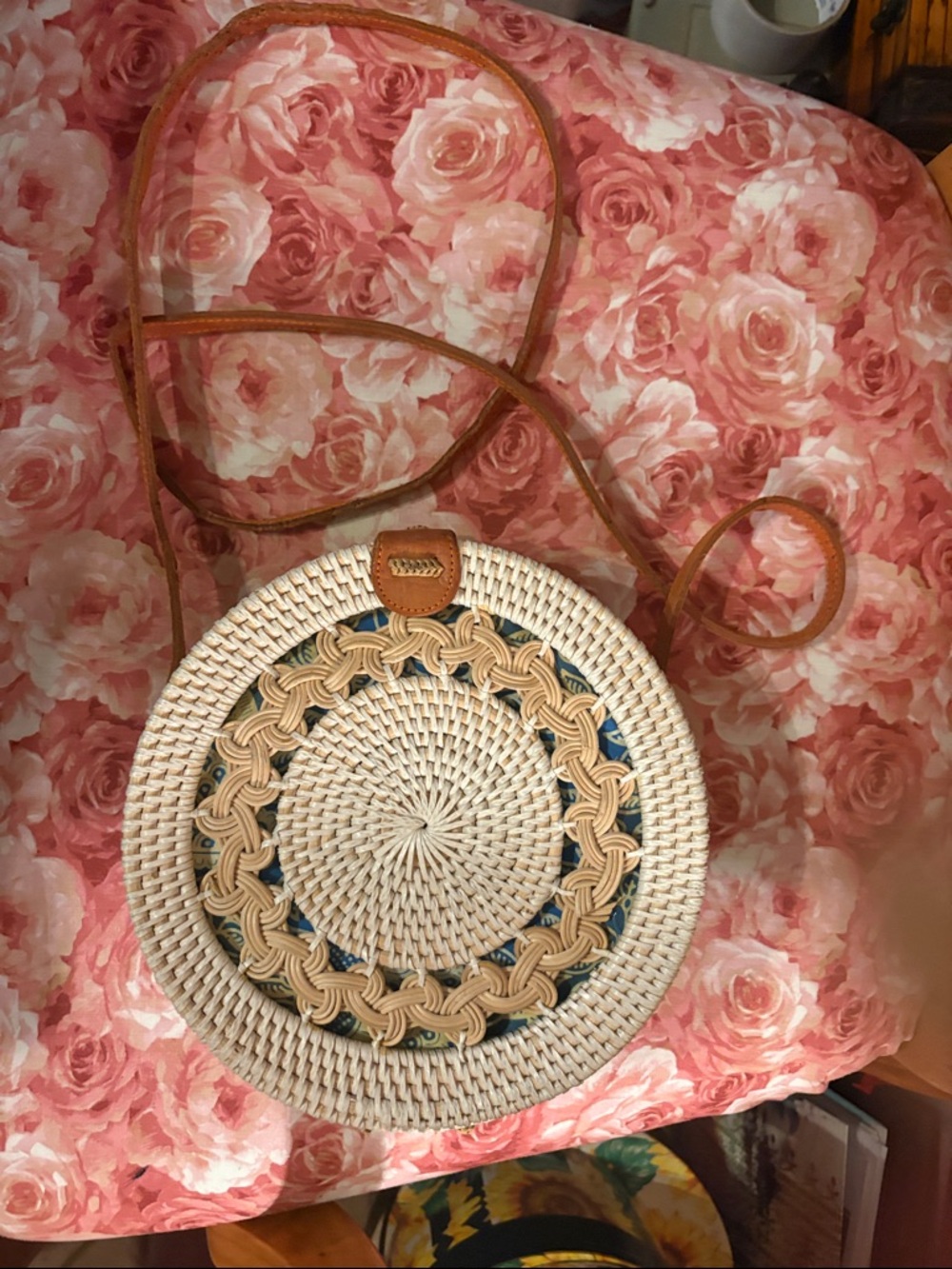 Round Woven Crossbody Bag in Natural and Tan